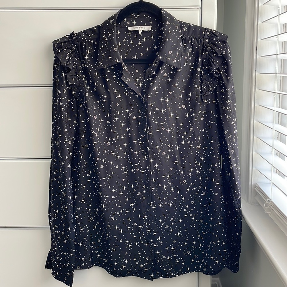 Frame Silk Button Down Black Star Print Ruffle Shoulders Medium
